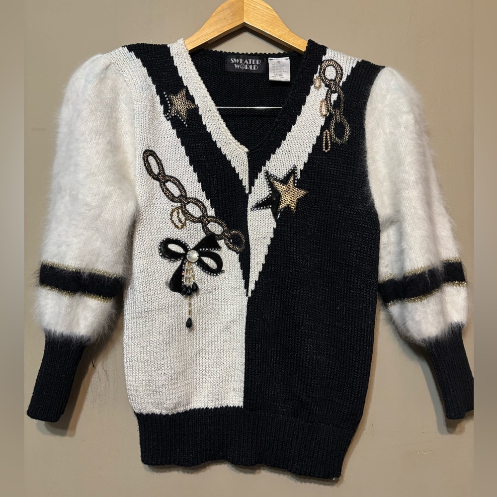 SWEATER WORLD Vintage Angora Lambswool Blend Embellished V-Neck Sweater